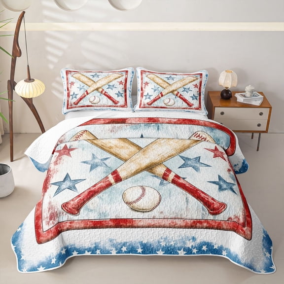Castle Fairy Sport Baseball Bat Twin Quilt Set,Vintage Stars Print Twin Coverlet Set,Red Blue White