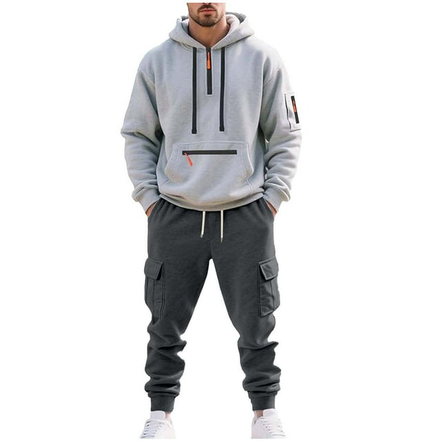 Lovzfmll Men's Matching Athletic Set, Half-Zip Hooded Top and Joggers, Solid Color, Pockets for Coordinated Look Gray, 3XL