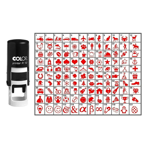 Choose Your Personalized Icon Round Rubber Stamp Self Inking COLOP Mini Stamper 12 mm- Red Ink