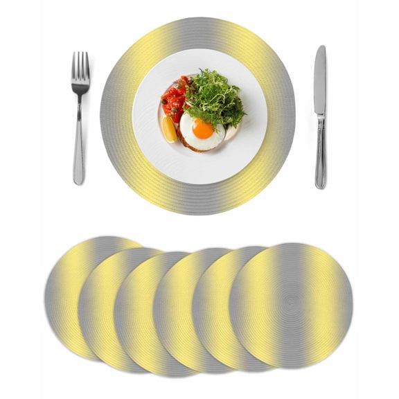 Yellow Grey Stripes Round 13 Inch Placemats Set of 6, Modern Minimalist Solid Gradient HeatResistant Non Slip Place Mats for Dining Table, Wipeable Braided Kitchen Table Mats for Housewarming