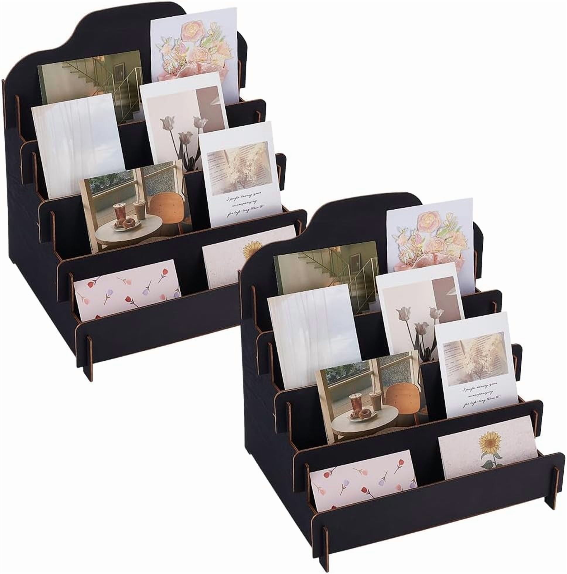 2 Sets 4 Tiers Greeting Card Display Stand Wooden Collector Display Rack Portable Birthday Cards Displays Multi-Purpose Sticker Displays Stand