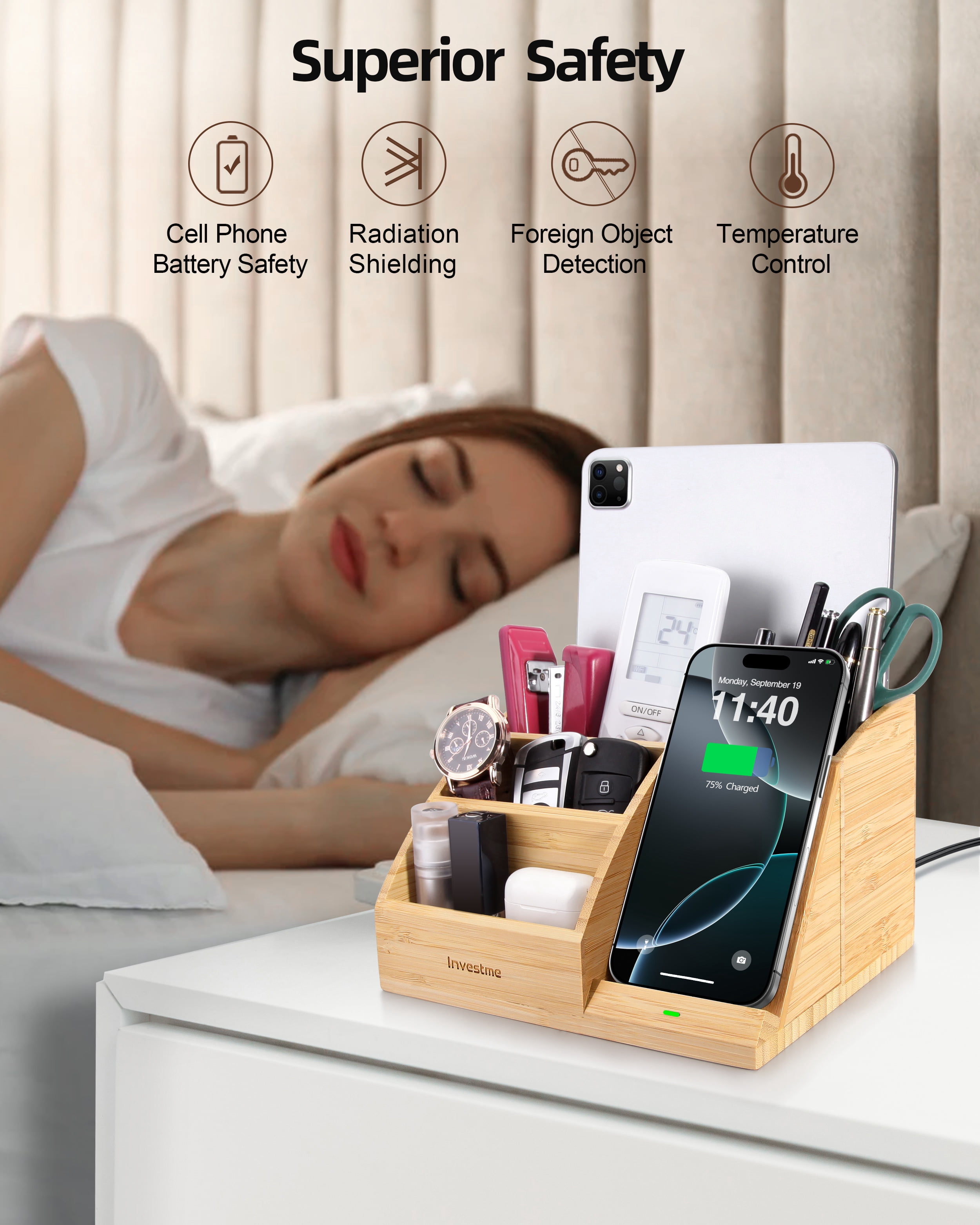 Investme Desk Organizer with Wireless Charging, Bamboo Pencil Holder with 15W Fast Wireless Charger Compatible with iPhone and Samsung for Desk & Nightstand