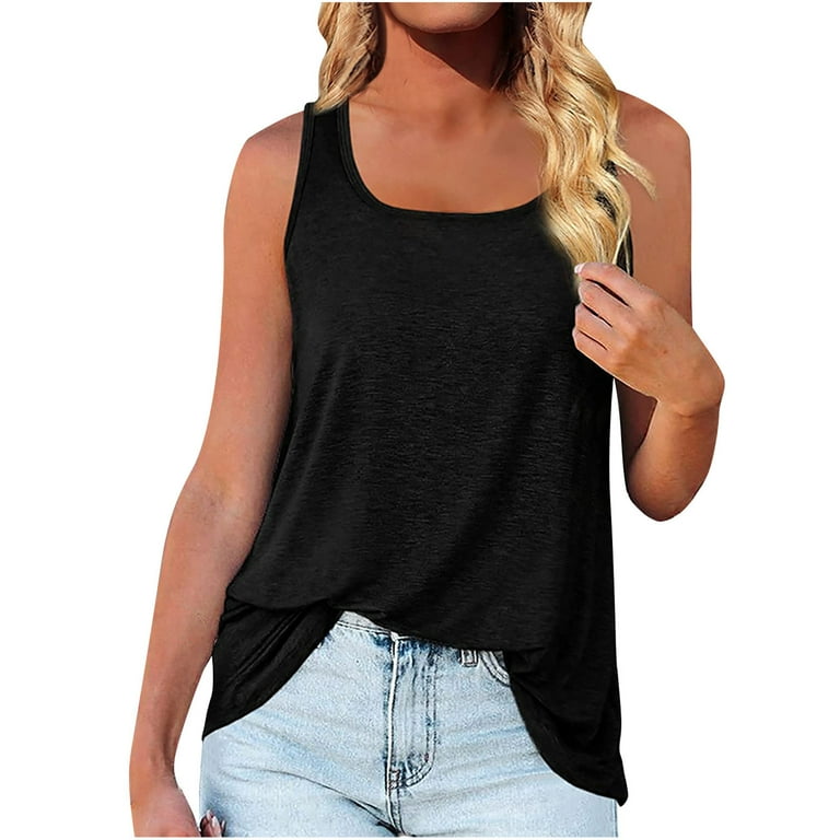 RYRJJ Women's Summer Tank Tops 2023 Loose Fit Round Neck Sleeveless Tops  Curved Hem Flowy T Shirts Solid Casual Basic Tops Black S