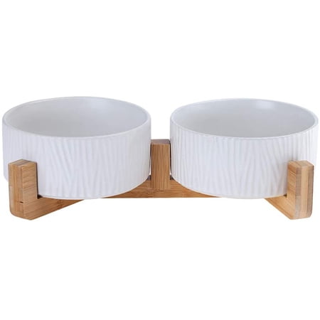 White Ceramic Cat Dog Bowl Dish with Wood Stand No Spill Pet Food Water ...