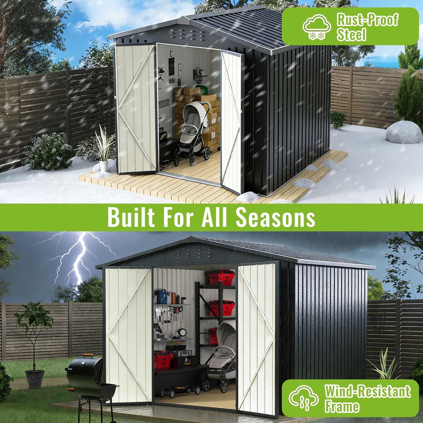 PABIMIA 8 x 8 ft Metal Outdoor Storage Shed with Lockable Double Doors, Sloped Roof and Air Vents, Black