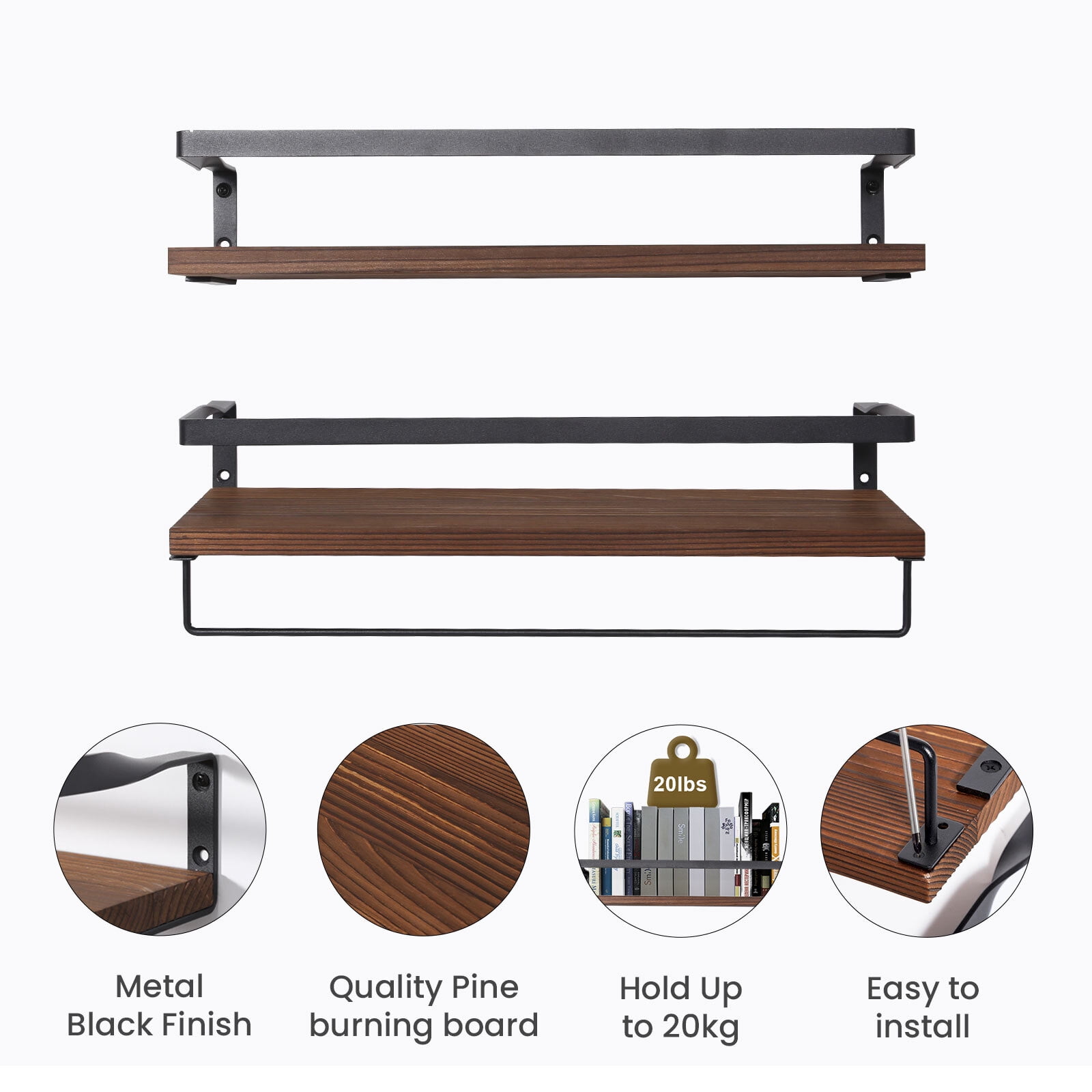 Uten Floating Wall Shelf Set of 2, Wall Mounted Shelves Wooden Holder Loading 20lb, Brown