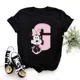 thumbnail image 3 of Camisetas de algodón de manga corta de verano para niños, camiseta rosa con letras de Minnie Mouse, fuente ABCDEFG, divertida y bonita para niño y niña, 3 of 5