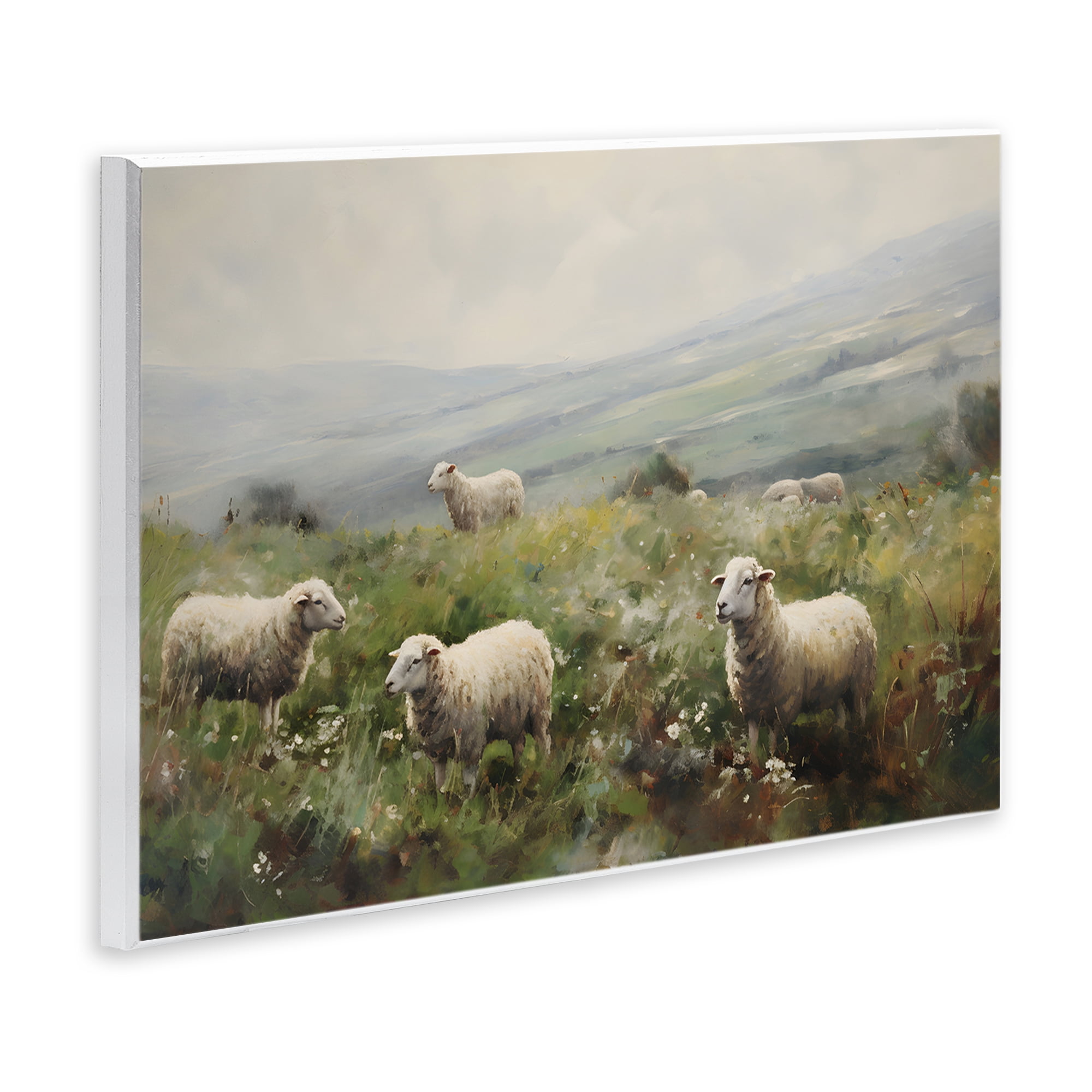 Stupell Industries Misty Sheep Pasture Landscape & Nature Painting Unframed Art Print Wall Art, 19 x 13