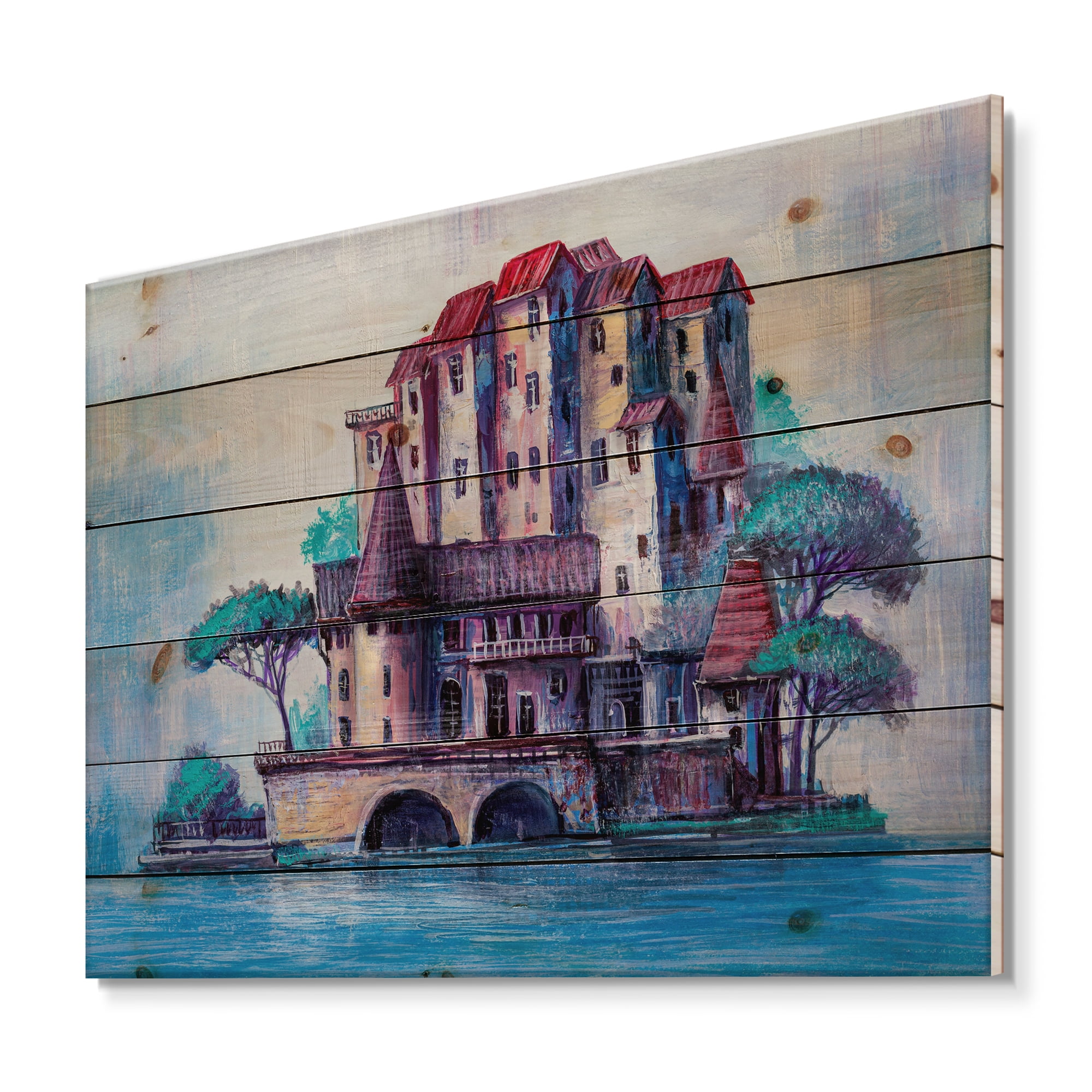 Designart 'Ancient City Skypscrapers By The Bridge' Traditional Print on Natural Pine Wood