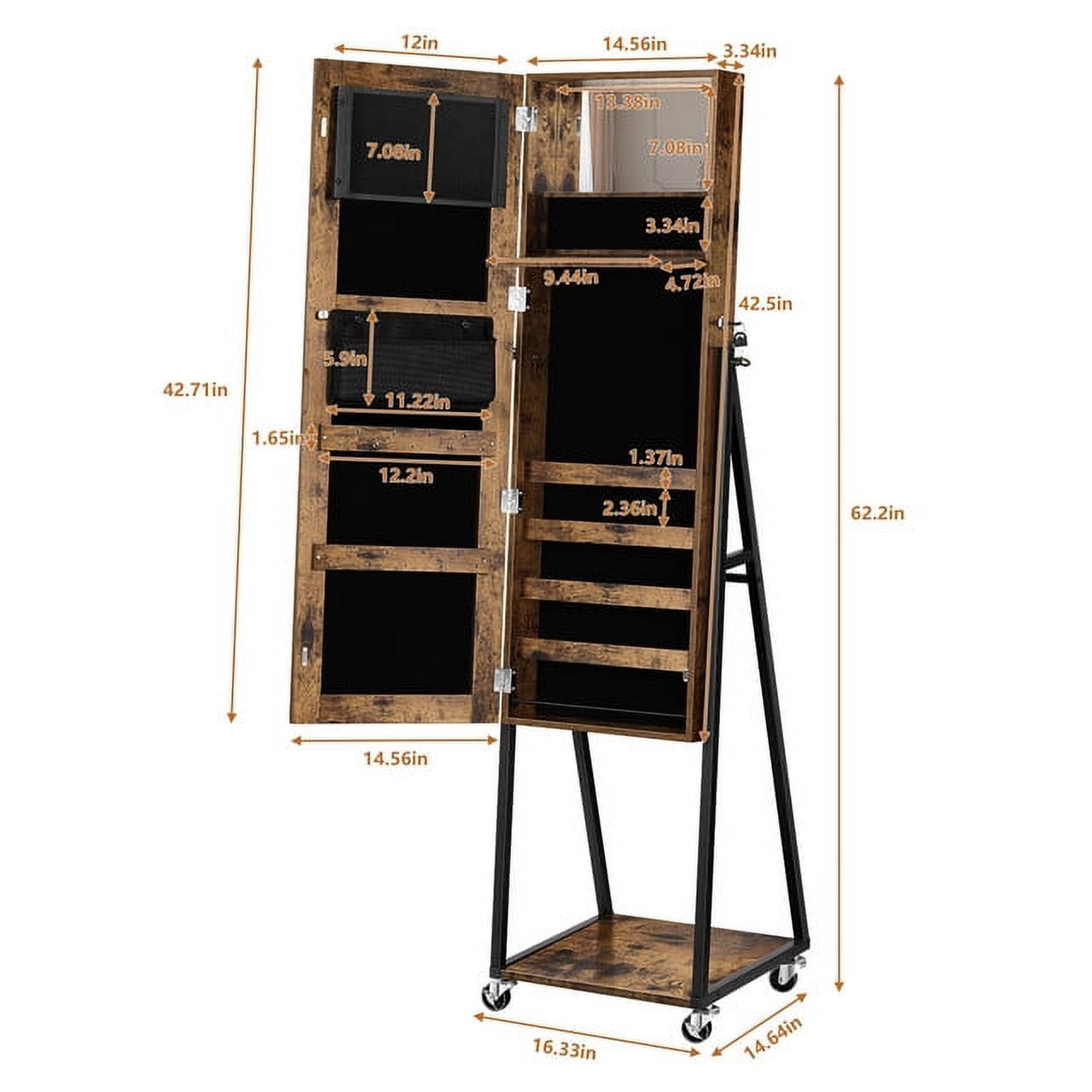Oumilen Jewelry Armoire on Casters in Burnt Wood Brown for Adults