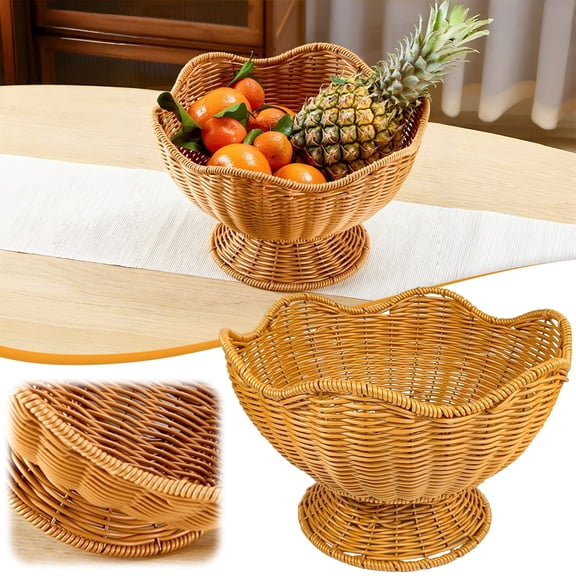 Rattan Fruit Bowl, Small Round Wicker Basket Decorative Rattan Pedestal Bowl for Fruit, Modern Decoration for Home, Kitchen Dining Table Centerpiece