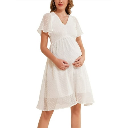 

Luiryar Women Summer Plus Size Loose Pregnant Dress Plain Dots Short Sleeve V-Neck Maternity High Waist Pregnancy Dress