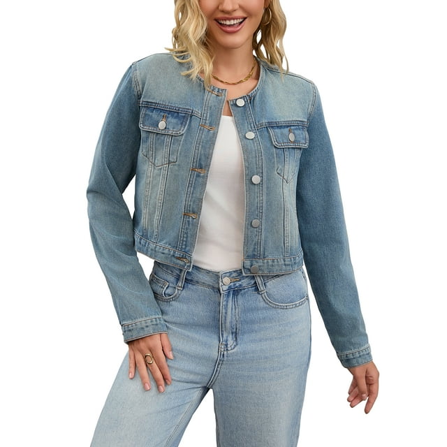 CHAQUETA CHIC PARA MUJER, SIN COLLAR, DE DENIM, CON BOTONES, ESTILO OESTE, DE MANGA LARGA, CORTA, TALLA L, AZUL VINTAGE