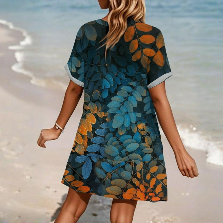 WULMLEO Women's Cover Up Short Sleeve Bathing Suit Floral Dress V Neck Beach  Coverup Dress with Pockets Navy M - Walmart.com