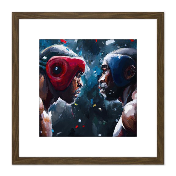 Boxers Kick Boxing Cage Fighting Sparring Painting Square Wooden Framed Wall Art Print Picture 8X8 Inch