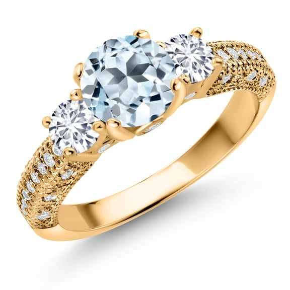 Gem Stone King 18K Yellow Gold Plated Silver Sky Blue Topaz White Lab Grown Diamond and White Moissanite Engagement Ring for Women (2.32 Cttw, Gemstone November Birthstone, Round 7MM and 4MM, Size 6)