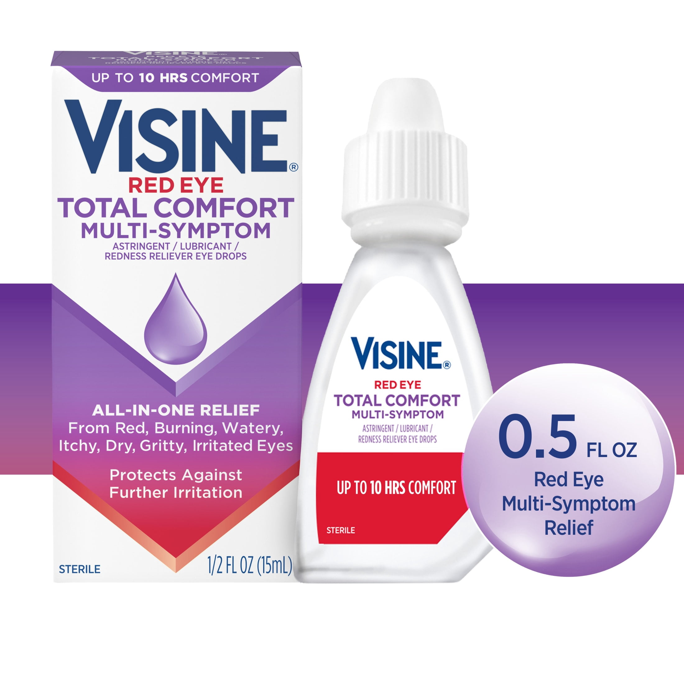 Visine Red Eye Total Comfort Multi-Symptom Drops, Astringent Lubricant Works Fast, 0.5 fl oz