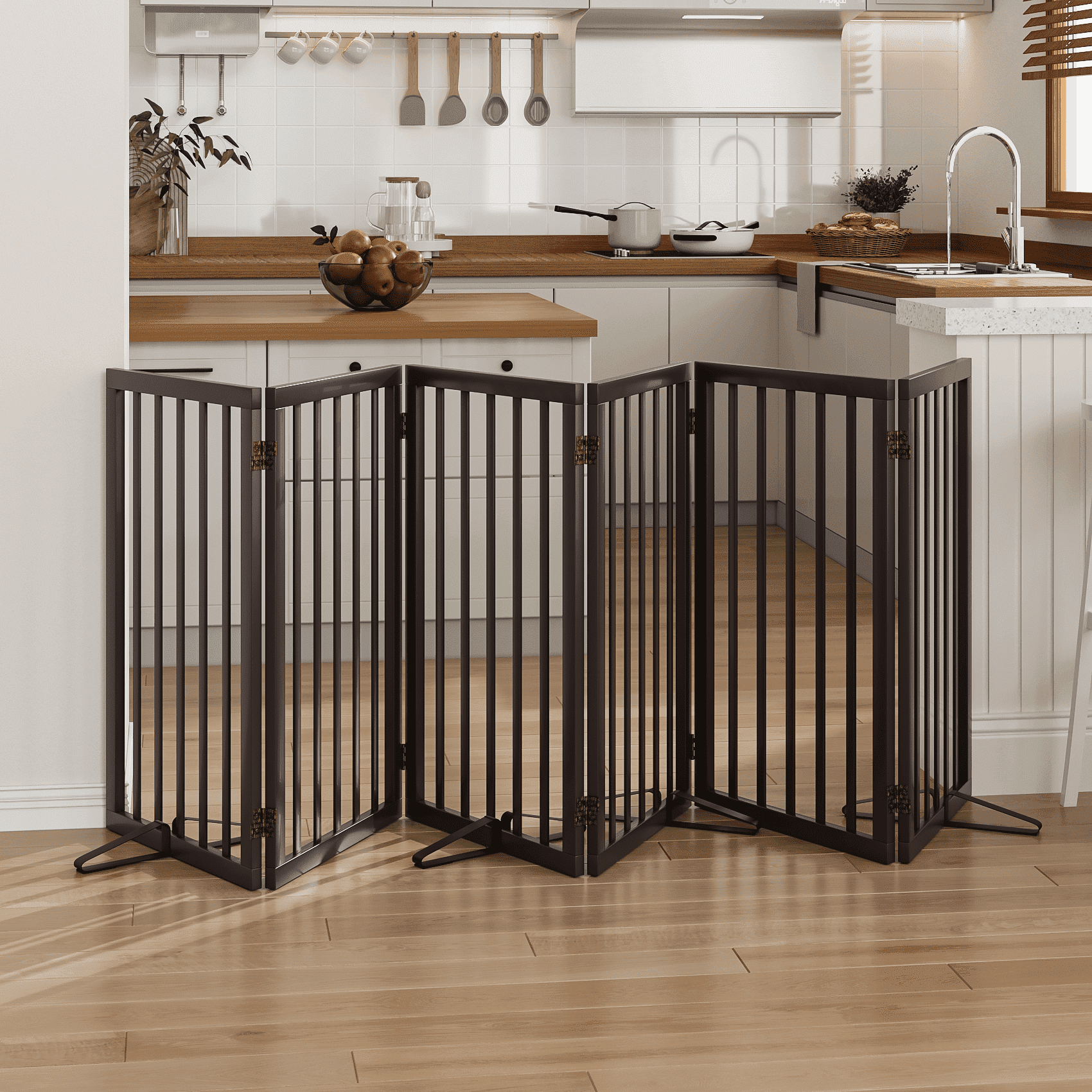 Smart FENDEE 6 Panel Foldable Bamboo Freestanding Pet Gate with Dog Gate, Expands to 110 in Wide