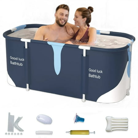 55in Portable Folding Bathtub  Bath Tub for 2 Person  Hot Ice Soaking Tub Bathroom  Blue White