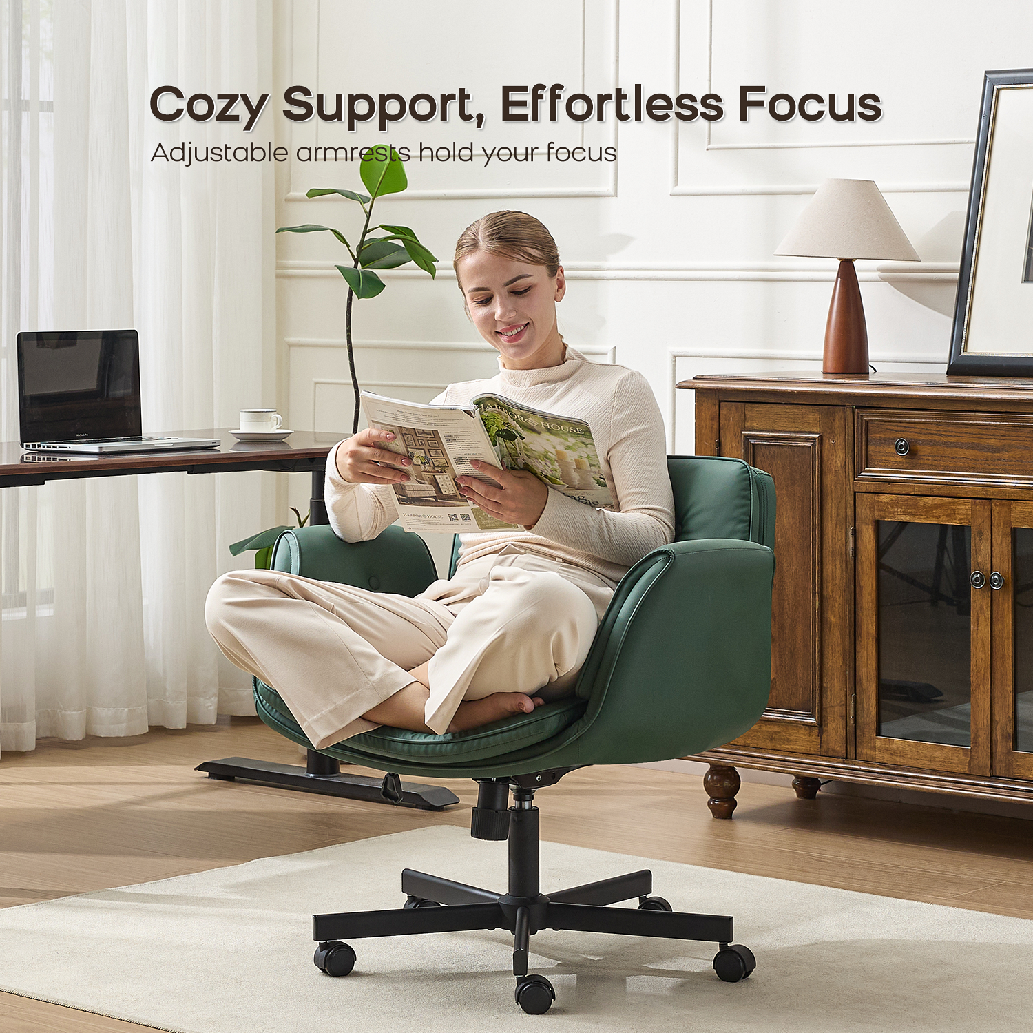 TMV Criss Cross Chair with Wheels & Armrests, Comfy Wide Vanity Chair, PU Leather Cross Legged Desk Chair, Height Adjustable Computer Office Desk Chairs for Home＆Makeup＆Bedroom，Green