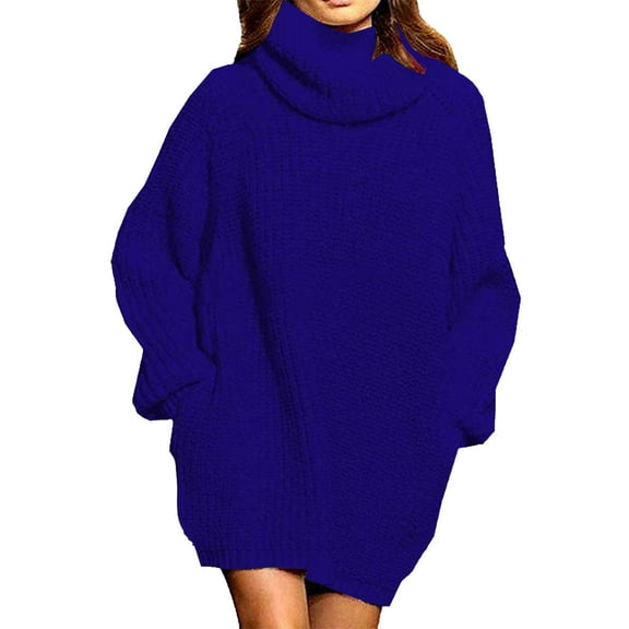 Dyfzdhu Sweater Dresses for Women 2024 Trendy Fall Winter Long Sleeve Turtleneck Loose Knitted Dress Blue