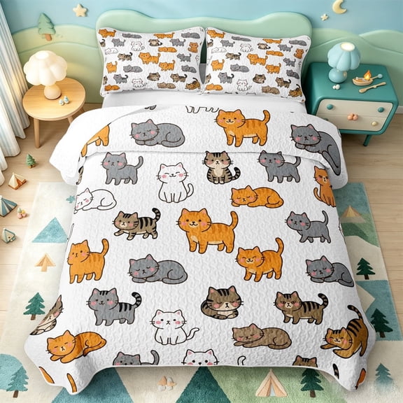 meiyoeat Cute Cat Cartoon Quilt Full,Kitten Animal Print Full Bedspread Sets For Girls,3-Piece,1 Coverlet and 2 Pillowcases