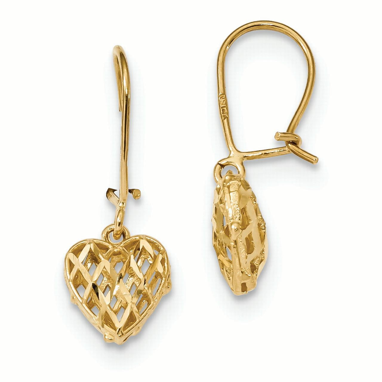 Earring Diamond Stud 14K Yellow Gold Diamondcut Lattice Heart Dangle