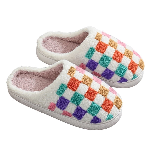 Zapatillas térmicas planas a cuadros antideslizantes suaves y peludas para interiores y exteriores