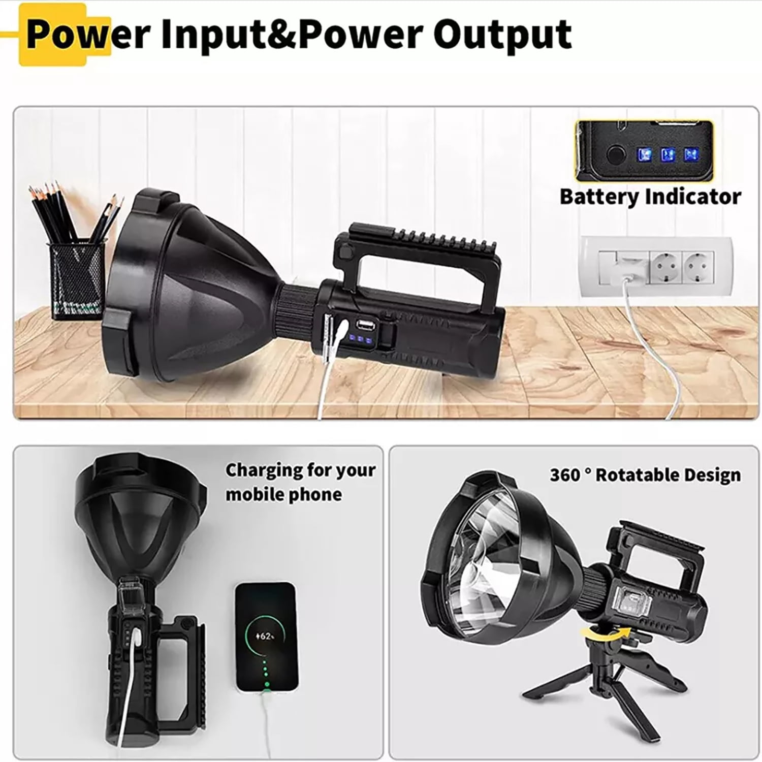 Rechargeable LED Flashlight, 100000 Lumens Super Bright, Waterproof Searchlight with Tripod, 4 Modes, USB Power Bank, for Camping, Hunting, Emergencies