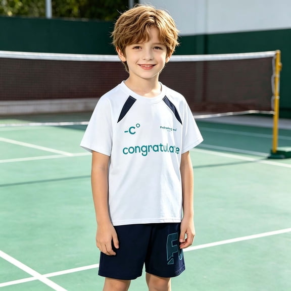 OOOUM Boys 2 Piece Matching Clothing Set Breathable Ice Silk Short Sleeve Sports Sets Cool Comfort Sports Outfits Sets White 12-13 Years