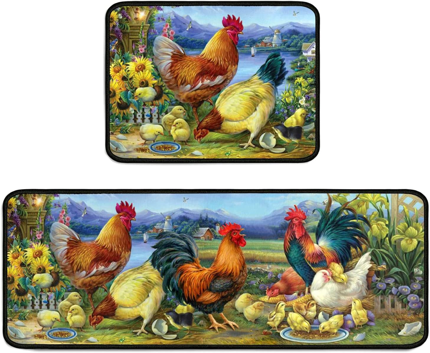 Rooster Kitchen Rug Decor 2 Pieces Set Farmhouse Style Kitchen Mat Washable Runner Rugs Chicken