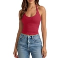 thumbnail image 3 of WEIWEN Cropped Tank Tops for Women 2026 Trendy Backless Scoop Neck Double Lined Basic Tees Women's Tie Halter Tops Summer Yoga Athletic Workout Shirts Red, L, 3 of 7