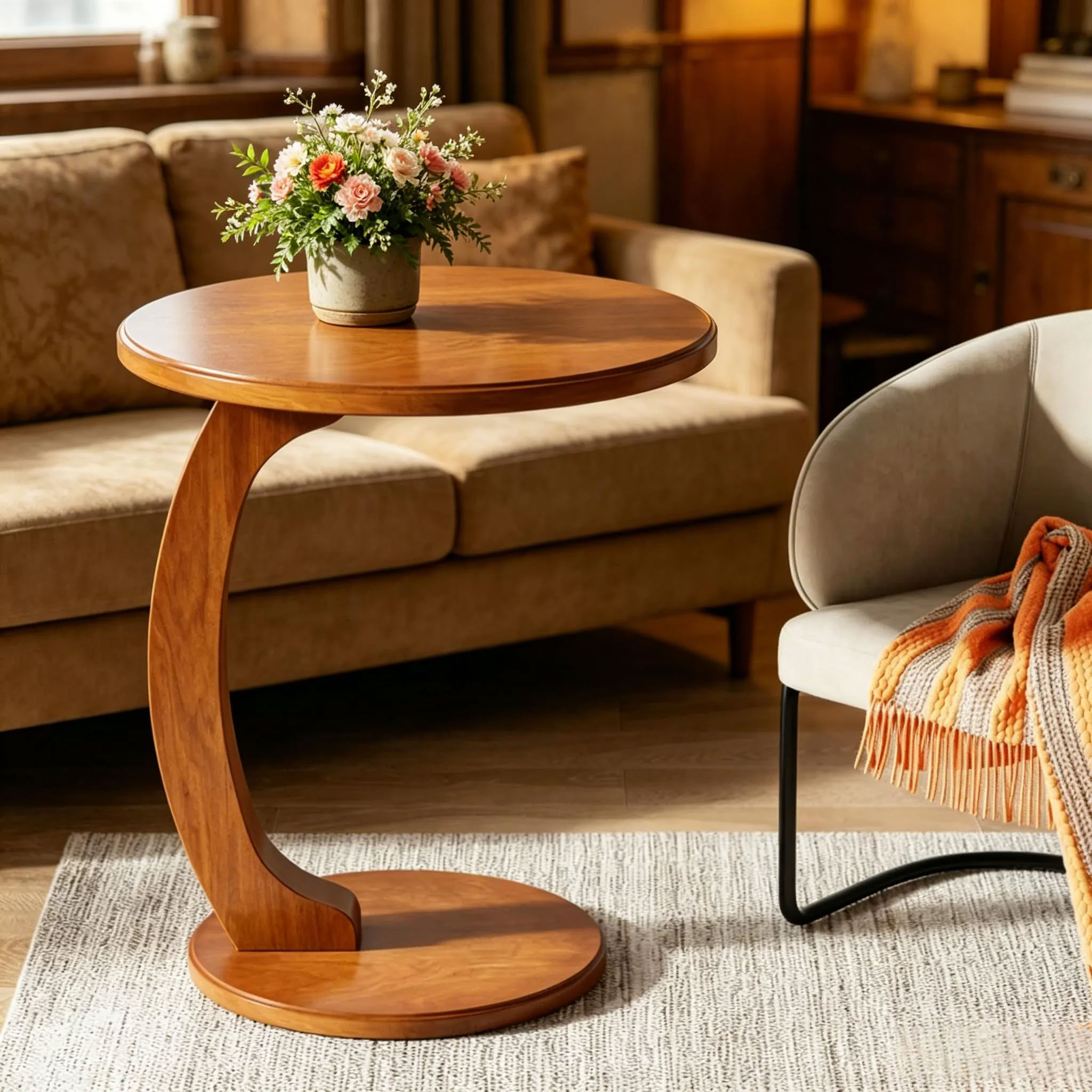 MAYEERTY C-Shaped End Table, Round Vintage Wooden Side Table with Curved Leg, Space-Saving Sofa Table for Living Room, Bedroom, Small Spaces