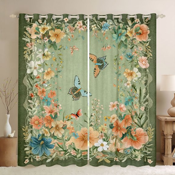 jejeloiu Country Floral Curtains Pack of 2 (42x84 Each),Rustic Botanical Wild Butterflies Curtains Blackout,Green Pink Bedroom Curtains For Girls,Microfiber Bedroom Decor
