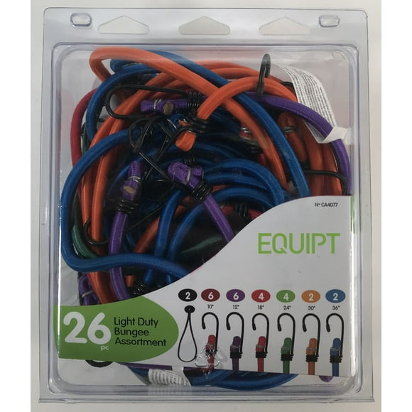 26 Pc Standard Bungee Assortment w/Wire Hooks (6 x 10", 6 x 12", 4 x 18", 4 x 24", 2 x 30", 2 x 36", 2 Toggles), Pack of 26