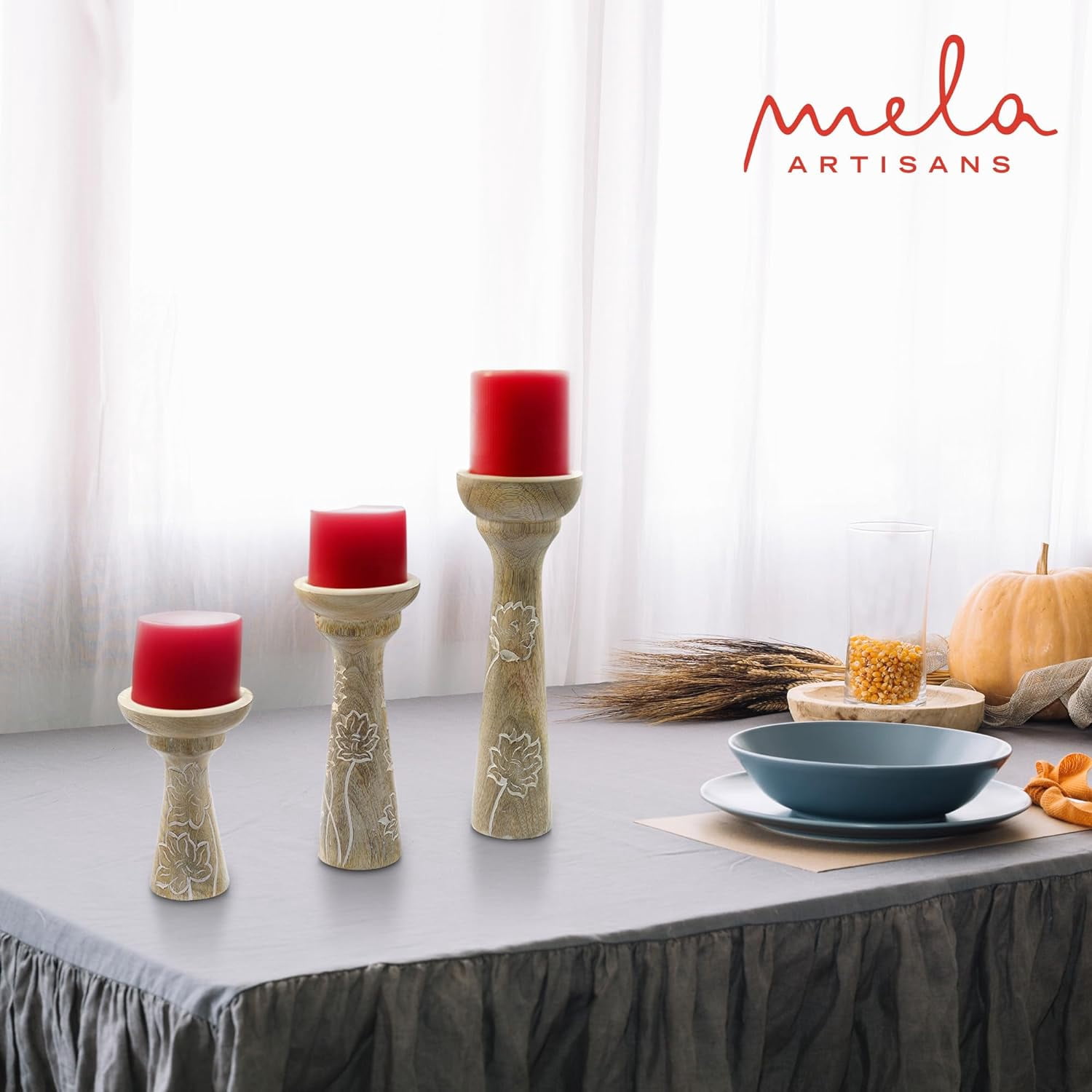 Mela Artisans Lotus Vine Candle Holders for Pillar Candles Set of 3, Mango Wood Candle Holder Set, Whitewash, 6" x 9" x 12"