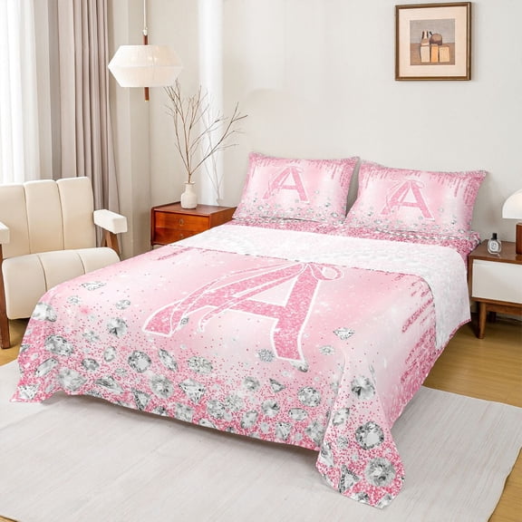 Homewish Monogrammed A Theme Twin Sheet Sets,Cartoon Stereoscopic Diamond Twin Fitted Sheet,Pink Sparking Print Flat Sheet For Girl Teens,Ultra Soft Bedroom Decor,3 Pieces