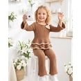 thumbnail image 4 of Yaoqi 5T Little Girl Outfit Set 6T Child Girls Clothes Ruffle Long Sleeves Bowknot Top Solid Color Flared Pants 2pcs Clothing Khaki, 4 of 7