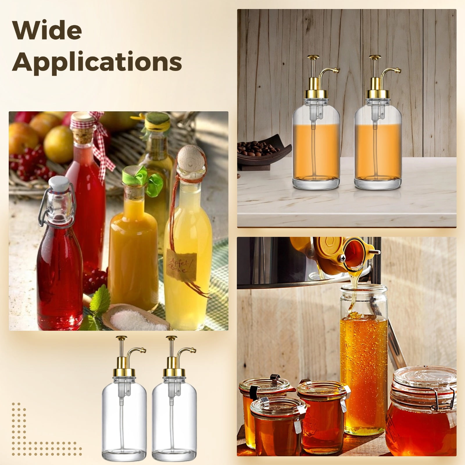 2 Pack Glass Coffee Syrup Dispenser with Pump – 8.66" Tall, Gold Pumps, Includes 2 Labels, Brush & Funnel, for Home Coffee Bar, Homemade Syrups & Beverage Station