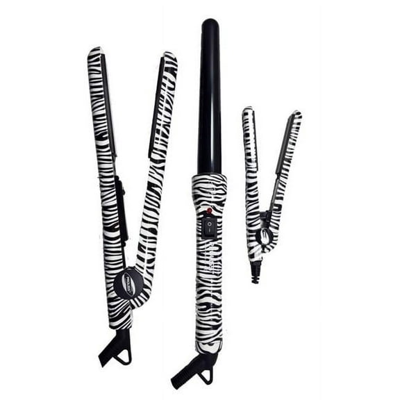 Proliss PROFSMWZ-134 The Essentials Full Styling Set - 100% Solid Ceramic 1.25' Flat Iron, 0.5' Mini Flat Iron, & Curling Wand - White Zebra