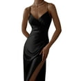 thumbnail image 2 of Franhais Women's Summer Solid Color Dress Thin Spaghetti Straps V-neck Gathered Side Slit Dress, 2 of 9