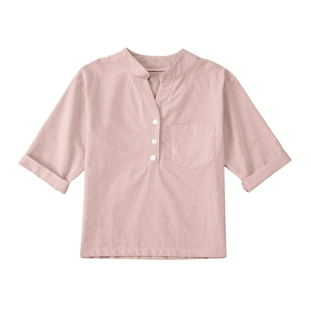 Xuewenshw Linen Shirts For Girl 3/4 Sleeve V Neck Blouses Buttons Loose Fit T Shirts Solid Color Summer Holiday Tops Girl Ruffle Outfits