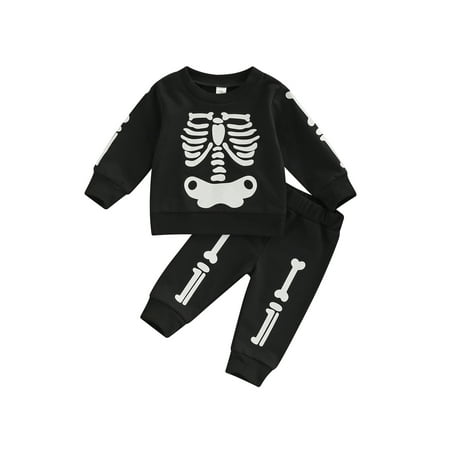 

Toddler Baby Boys Halloween 2 Pieces Set Skeleton Print Long Sleeve Crew Neck T-shirt with Elastic Waist Pants