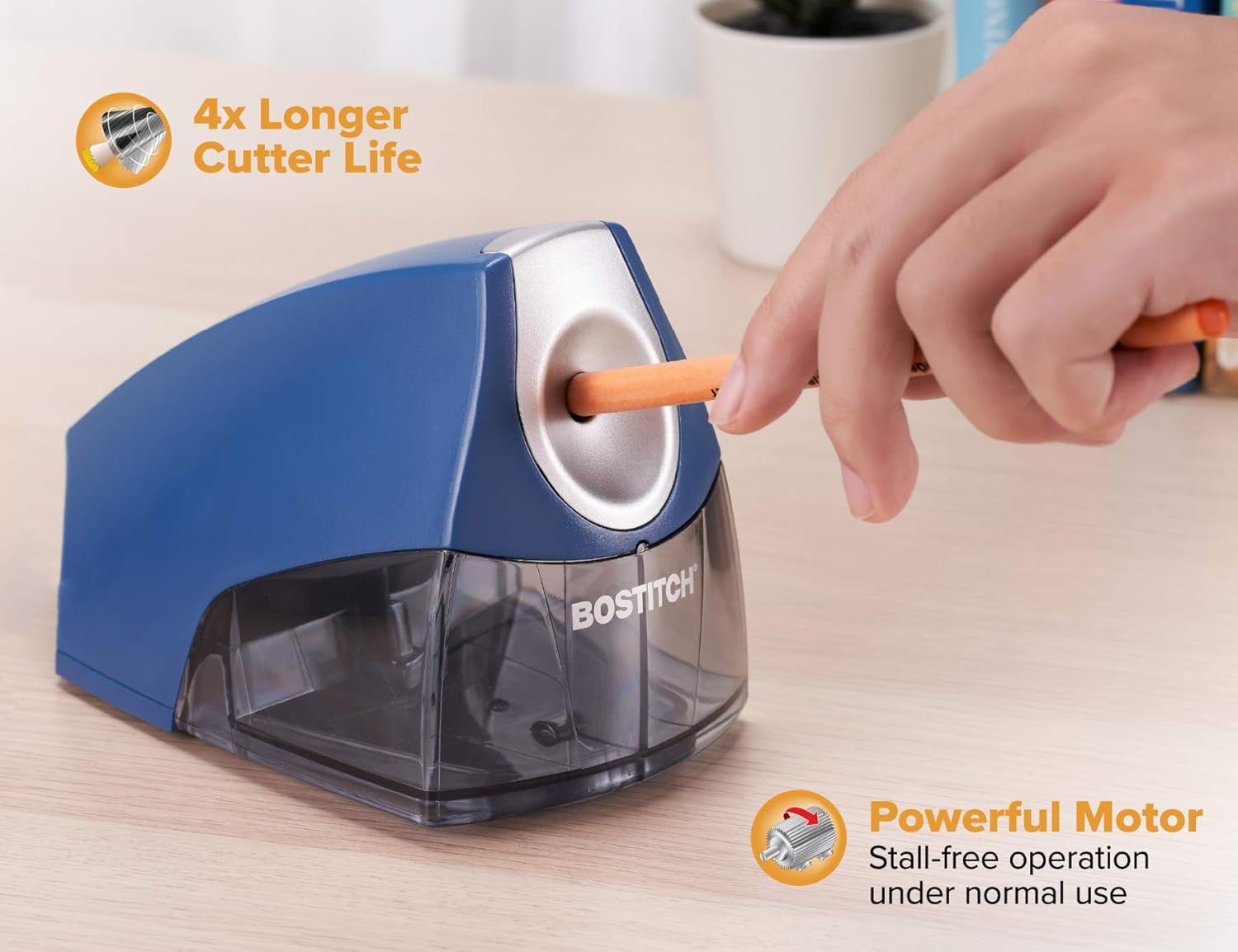 Office Electric Pencil Sharpener for Classroom & Desk Use, Heavy-Duty Stall-Free Motor, High-Capacity Shavings Tray, Dark Blue