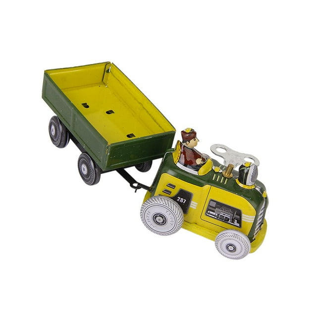 Tractor y remolque de juguete de hojalata a cuerda, estilo vintage. Ideal para coleccionistas. UN