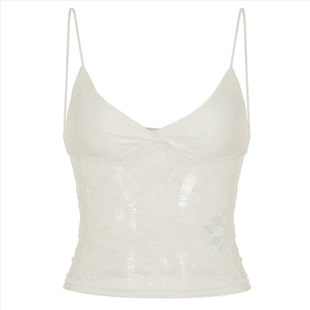 Camisetas Sin Mangas de Encaje Y2K para Mujer, Tops Cortos para Salir, Camisola de con Tirantes Finos, Tops Casuales de Verano M