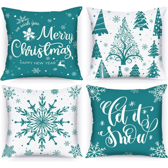 Christmas Throw Pillow Covers 18x18 Set of 4, Merry Christmas Winter Xmas Snowflake Decorative Holiday Cushion Pillow Cases 18 x 18 for Outdoor Indoor Farmhouse Home Room Couch Decor (Teal)