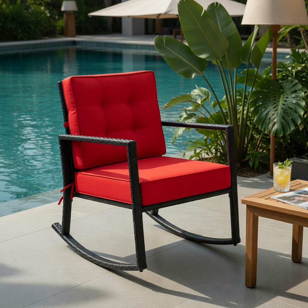 Hommoo Outdoor Rattan Rocking Chair with Thick Cushions, PE Wicker Glider for Patio, Backyard & Deck, Rustic Style, Weather-Resistant, Red