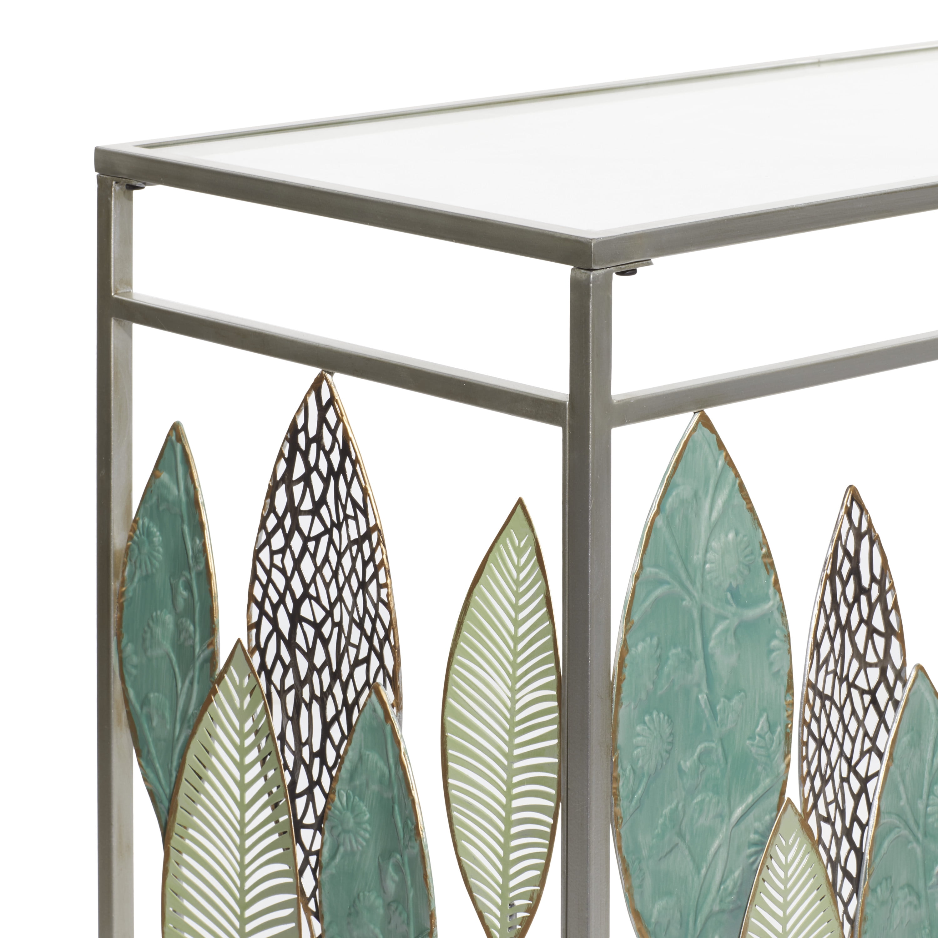 DecMode Silver Contemporary Rectangular Metal Console Table with Green Leaves Sculpture, 44"W x 30"H