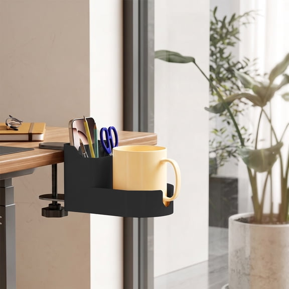 Desk Cup Holder, Clamp on Desk Organizer with Phone Stand and Storage Compartments, Space Saving Desktop Caddy for Mugs, Pens, and Supplies, No Drill Clip on Rack for Home Office and Workstation